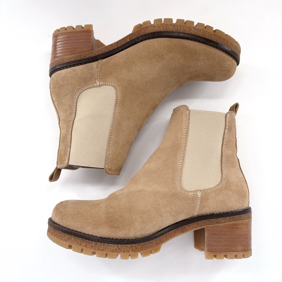 AVELLINI | Suede Leather Chunky Lug Sole Chelsea Boots in Tan | Sz 9 - Picture 7 of 13